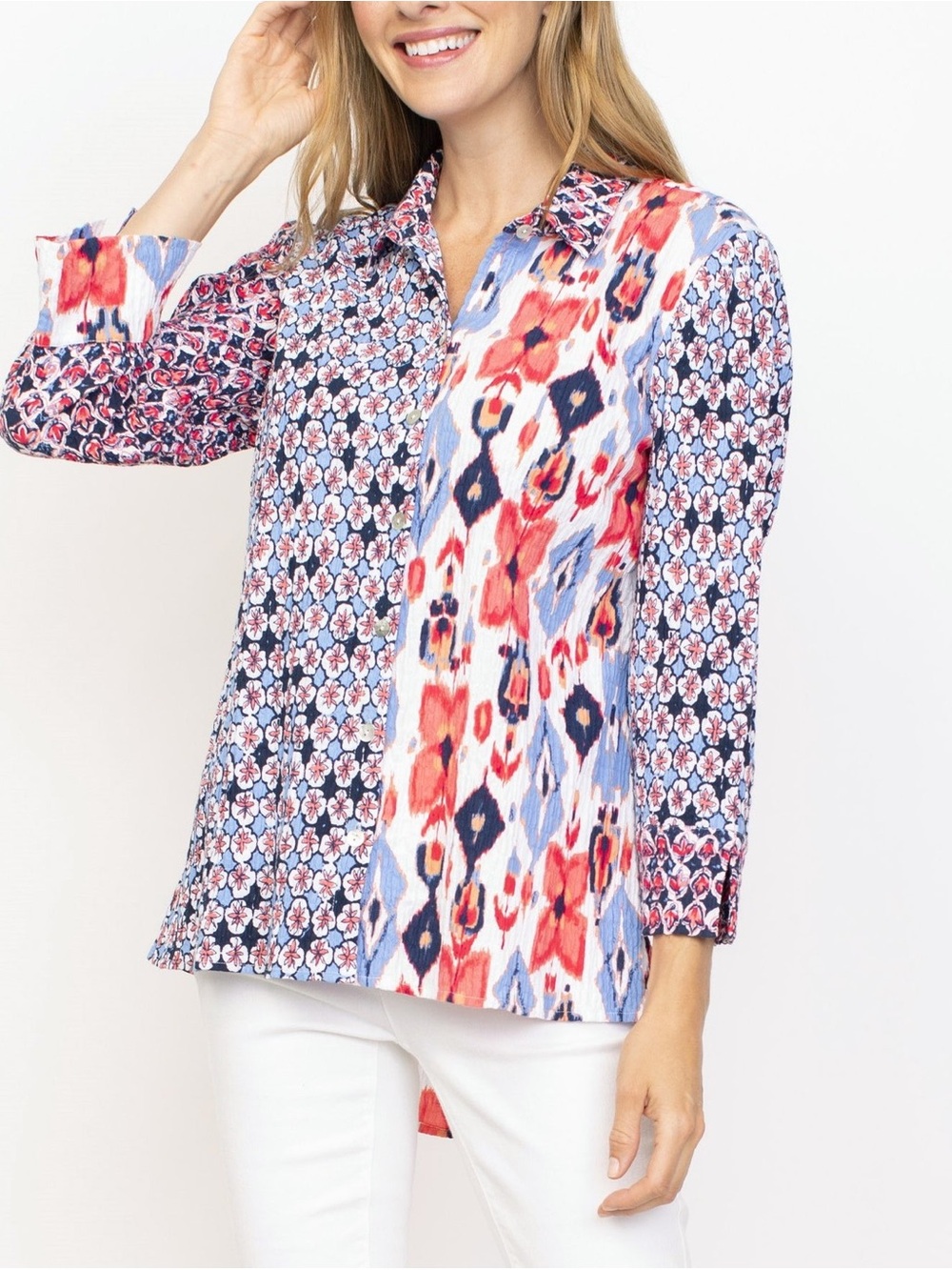 Habitat Mixed-Print Button-Front Top in Red, Blue and White